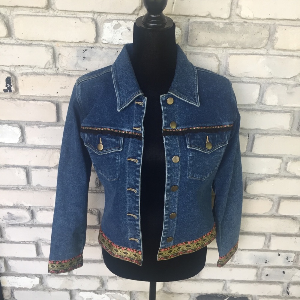 Carole little sport petite jean jacket with embroidered hemline and cuff